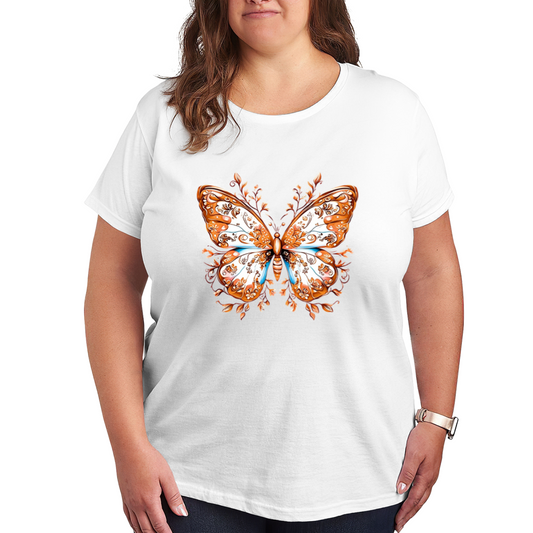 Vintage Floral Pattern Single Orange Butterfly Plus Size Women¡¯s Printed T-Shirt