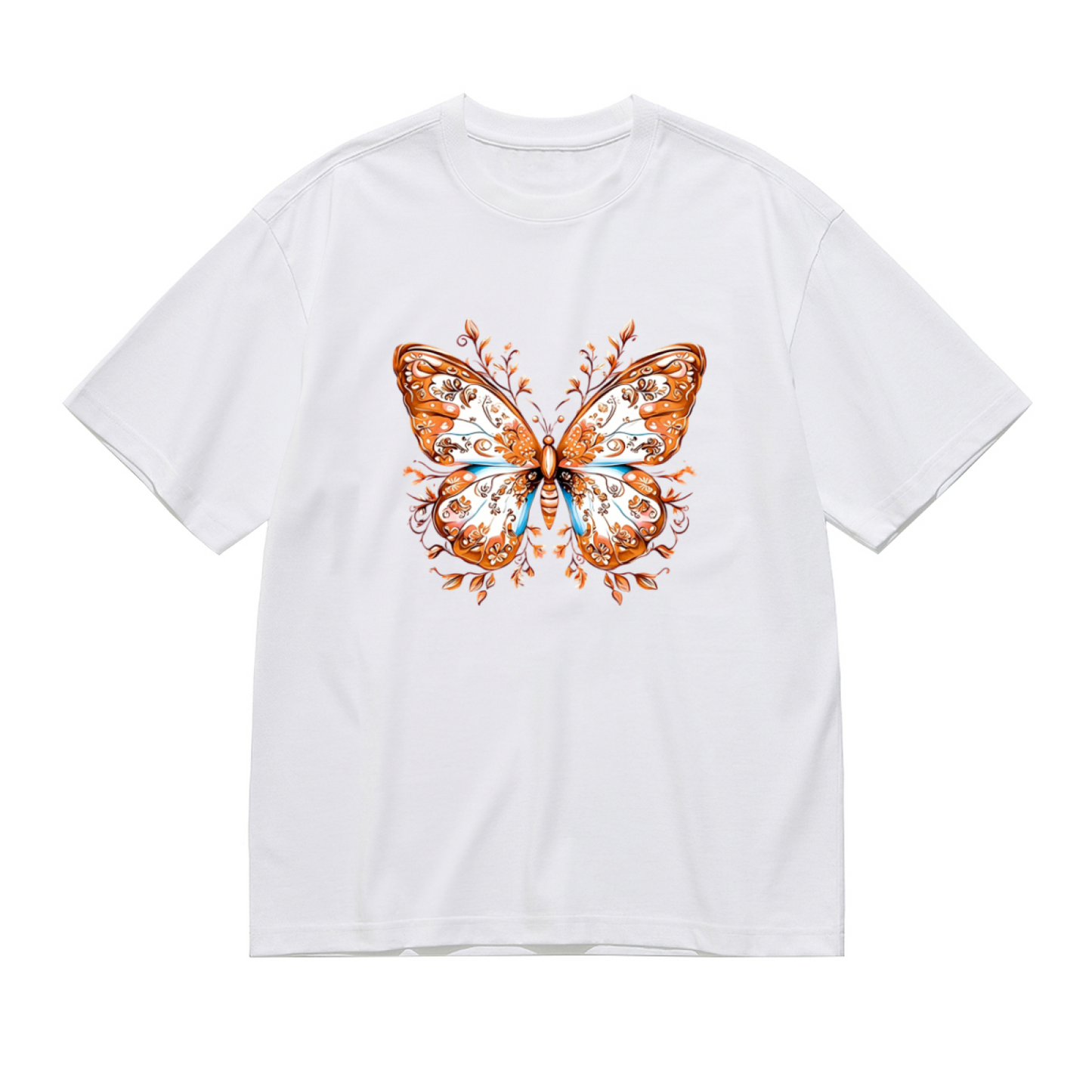 Vintage Floral Pattern Single Orange Butterfly Plus Size Women¡¯s Printed T-Shirt