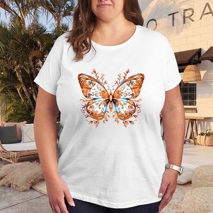 Vintage Floral Pattern Single Orange Butterfly Plus Size Women¡¯s Printed T-Shirt