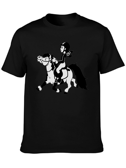 Cartoon Horse Riding Black T-Shirt