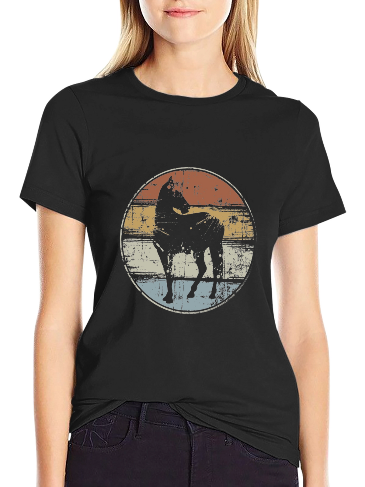 Retro Horse Graphic Tee - Black Cotton T-Shirt