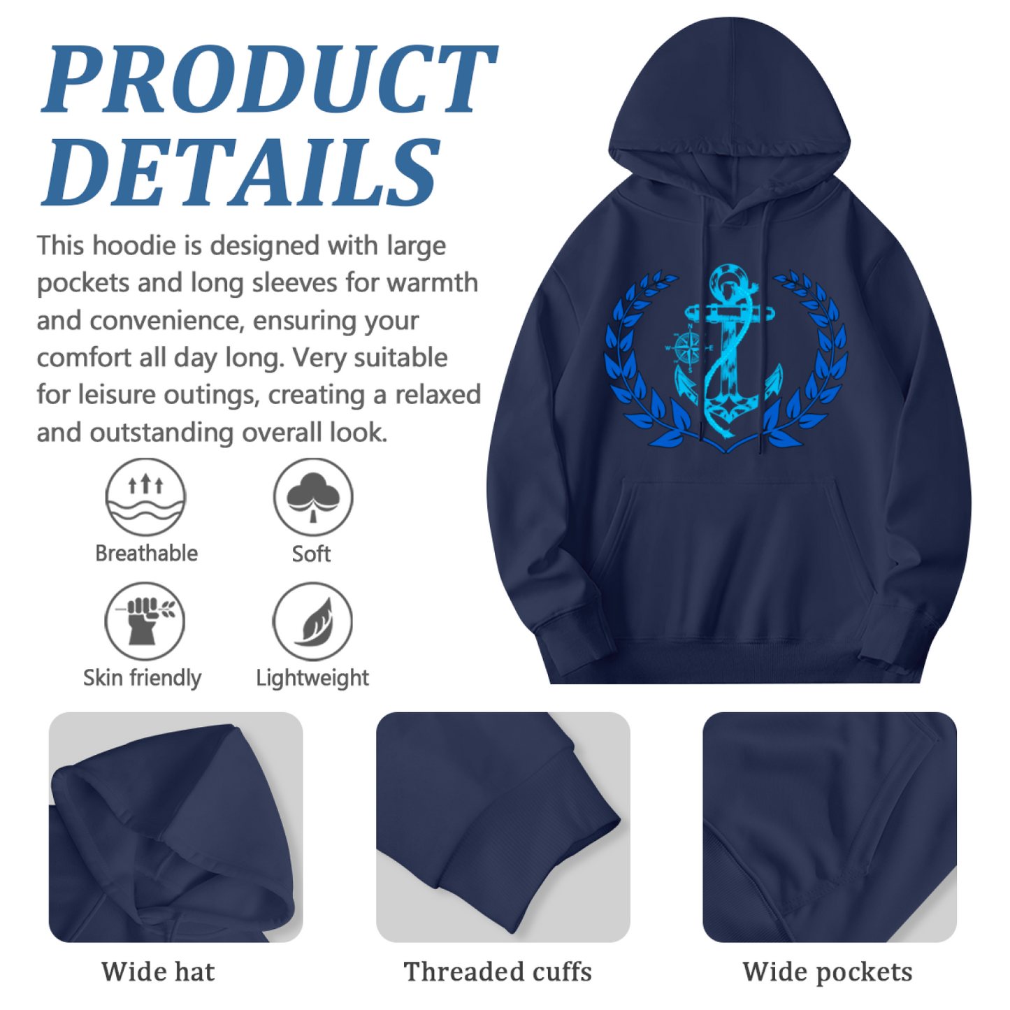 Nautical Anchor Wreath Relax Fit Navy Hoodie, Comfort Maritime Outfit