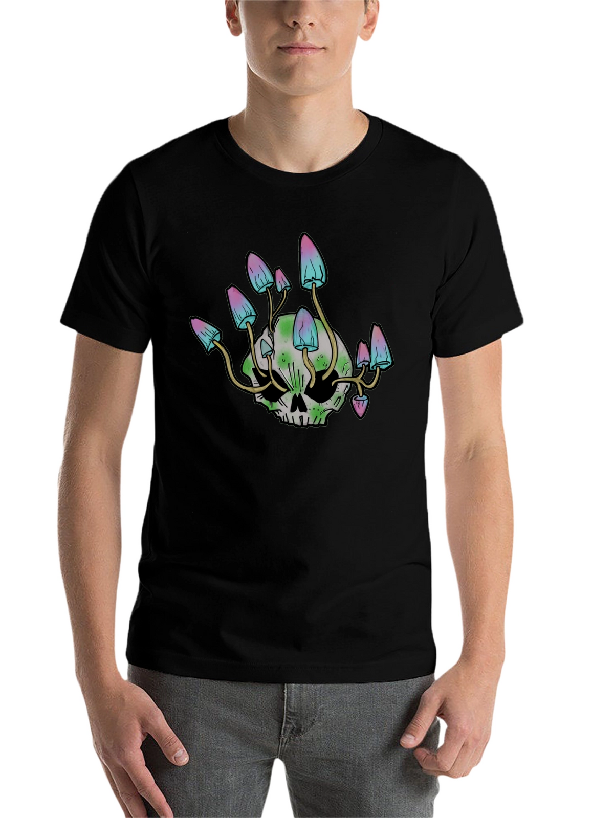 Skull Mushroom Graphic Tee - Black Cotton Blend Shirt