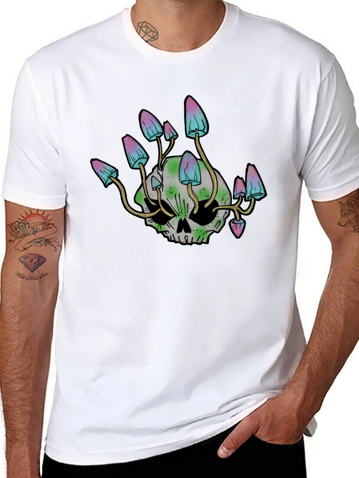Skull Mushroom Graphic Tee - Black Cotton Blend Shirt