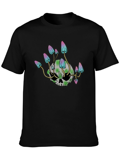 Skull Mushroom Graphic Tee - Black Cotton Blend Shirt