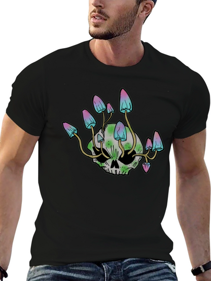 Skull Mushroom Graphic Tee - Black Cotton Blend Shirt