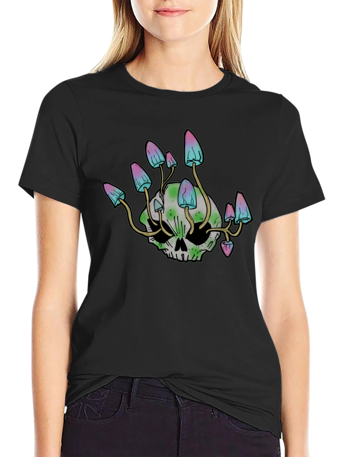 Skull Mushroom Graphic Tee - Black Cotton Blend Shirt