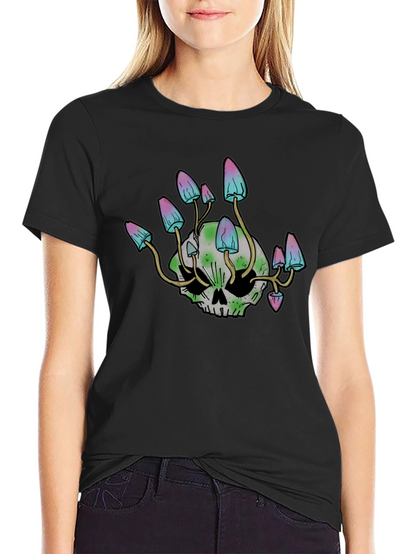 Skull Mushroom Graphic Tee - Black Cotton Blend Shirt