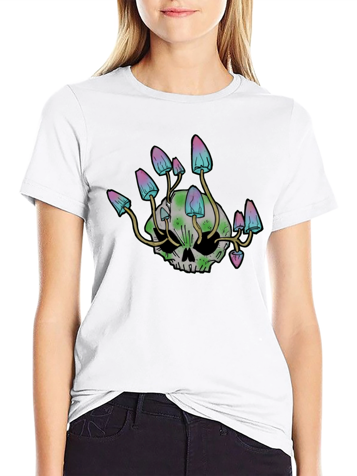 Skull Mushroom Graphic Tee - Black Cotton Blend Shirt