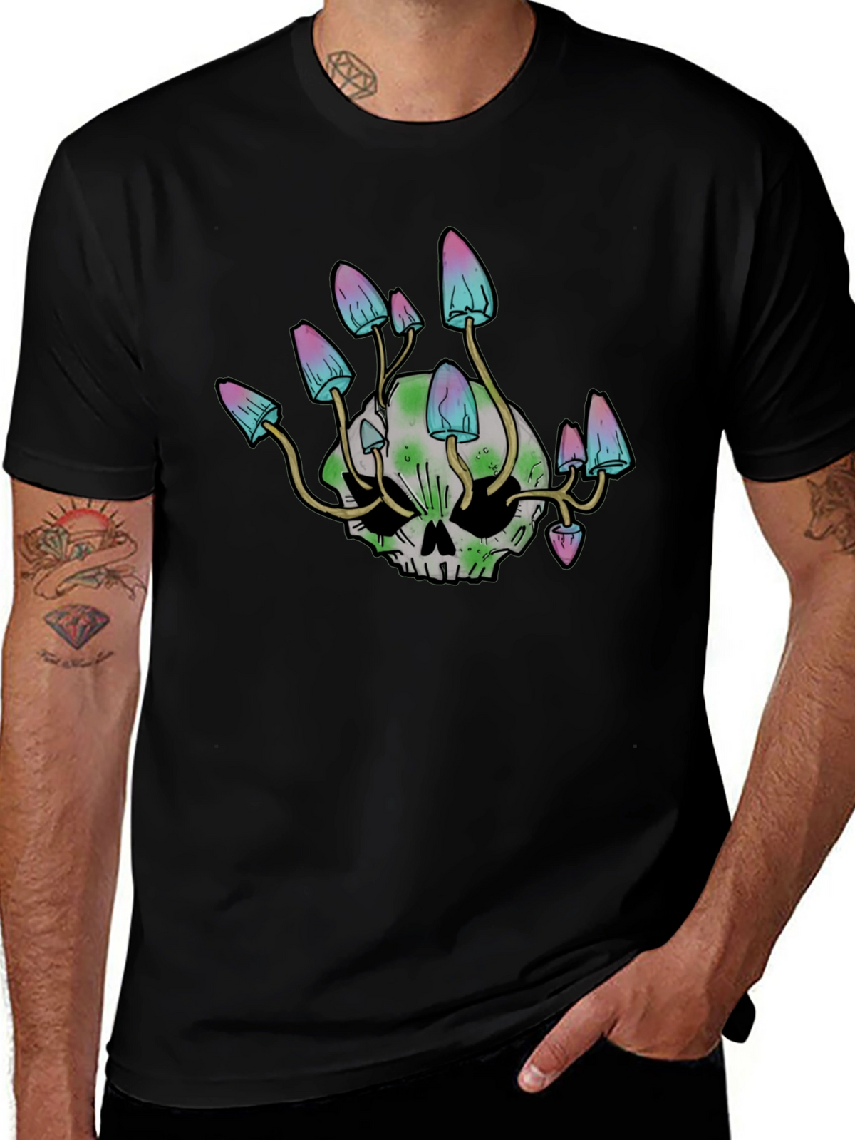 Skull Mushroom Graphic Tee - Black Cotton Blend Shirt