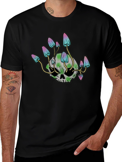 Skull Mushroom Graphic Tee - Black Cotton Blend Shirt
