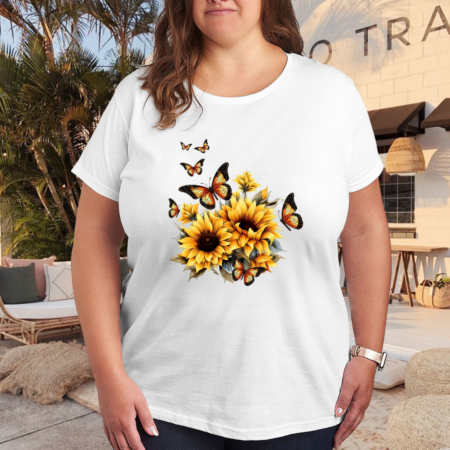 Sunflower & Monarch Butterflies Plus Size Women T-Shirt