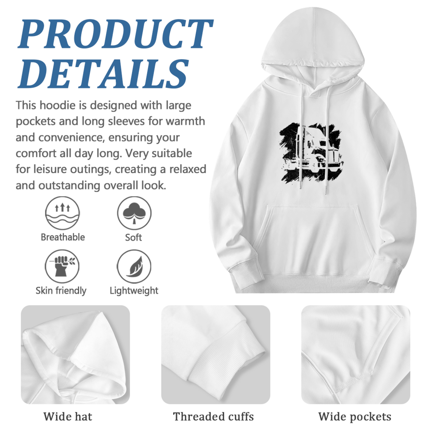 Vintage Big Rig Truck Sketch White Hoodie, Cozy Casual Men¡¯s Street Pullover