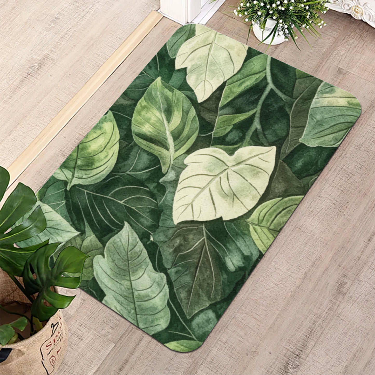 Watercolor Green Leaf Jungle Diatom Mat | Natural Plant Silicone Quick Dry Bath Rug