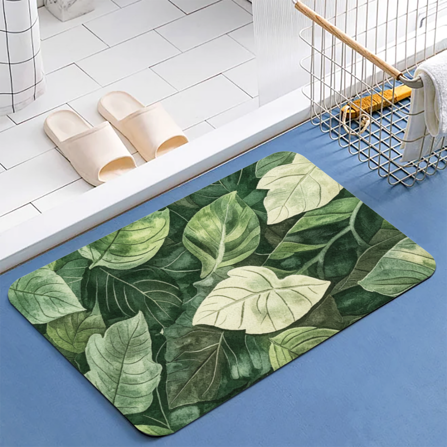 Watercolor Green Leaf Jungle Diatom Mat | Natural Plant Silicone Quick Dry Bath Rug