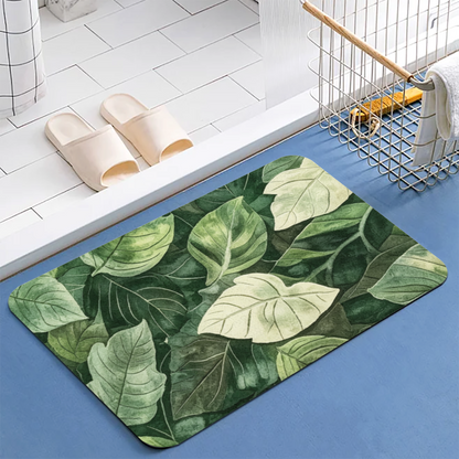 Watercolor Green Leaf Jungle Diatom Mat | Natural Plant Silicone Quick Dry Bath Rug