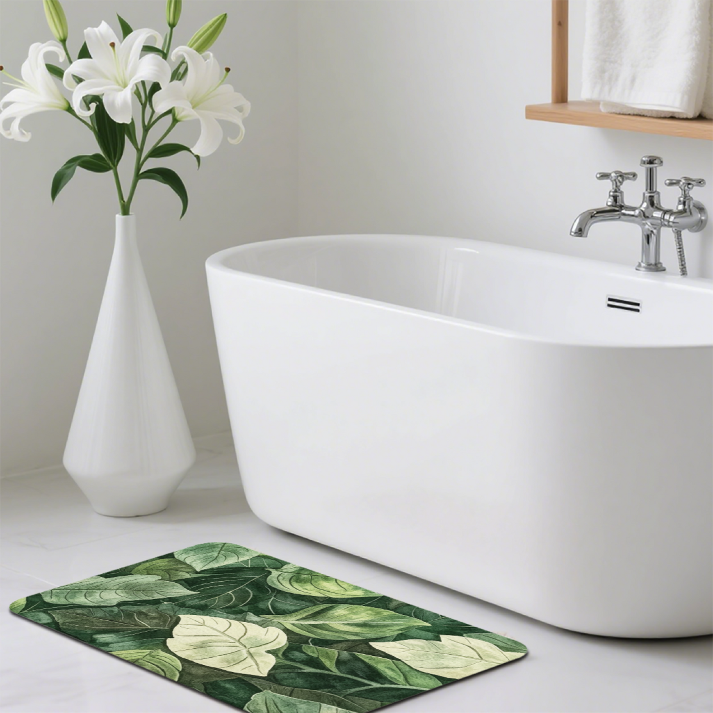 Watercolor Green Leaf Jungle Diatom Mat | Natural Plant Silicone Quick Dry Bath Rug