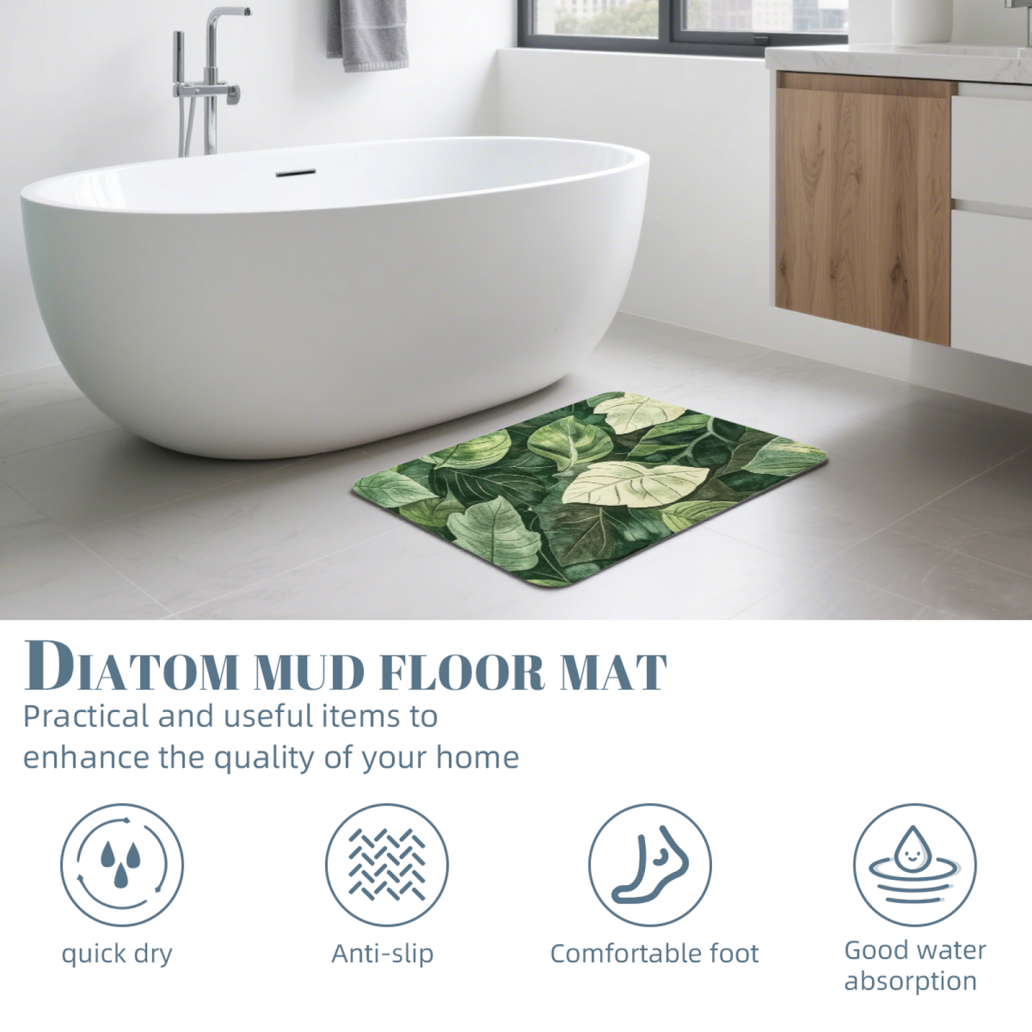 Watercolor Green Leaf Jungle Diatom Mat | Natural Plant Silicone Quick Dry Bath Rug