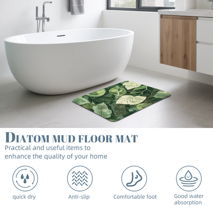 Watercolor Green Leaf Jungle Diatom Mat | Natural Plant Silicone Quick Dry Bath Rug