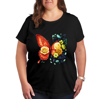 Warm Orange Floral Butterfly Oil Painting Style Plus Size Women Printed T-Shirt
