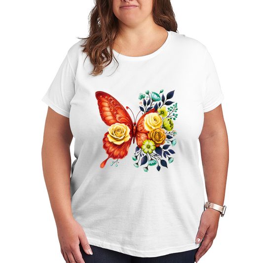 Warm Orange Floral Butterfly Oil Painting Style Plus Size Women Printed T-Shirt