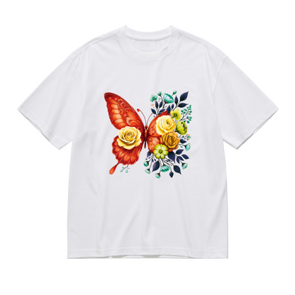 Warm Orange Floral Butterfly Oil Painting Style Plus Size Women Printed T-Shirt