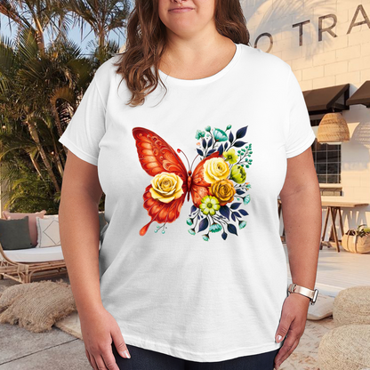 Warm Orange Floral Butterfly Oil Painting Style Plus Size Women Printed T-Shirt