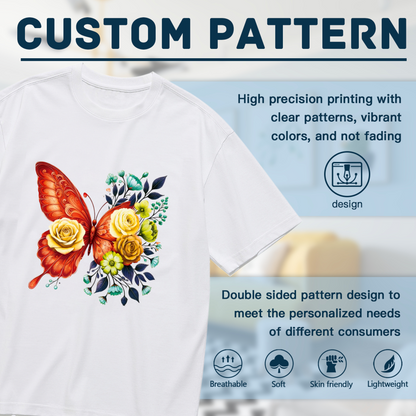 Warm Orange Floral Butterfly Oil Painting Style Plus Size Women Printed T-Shirt