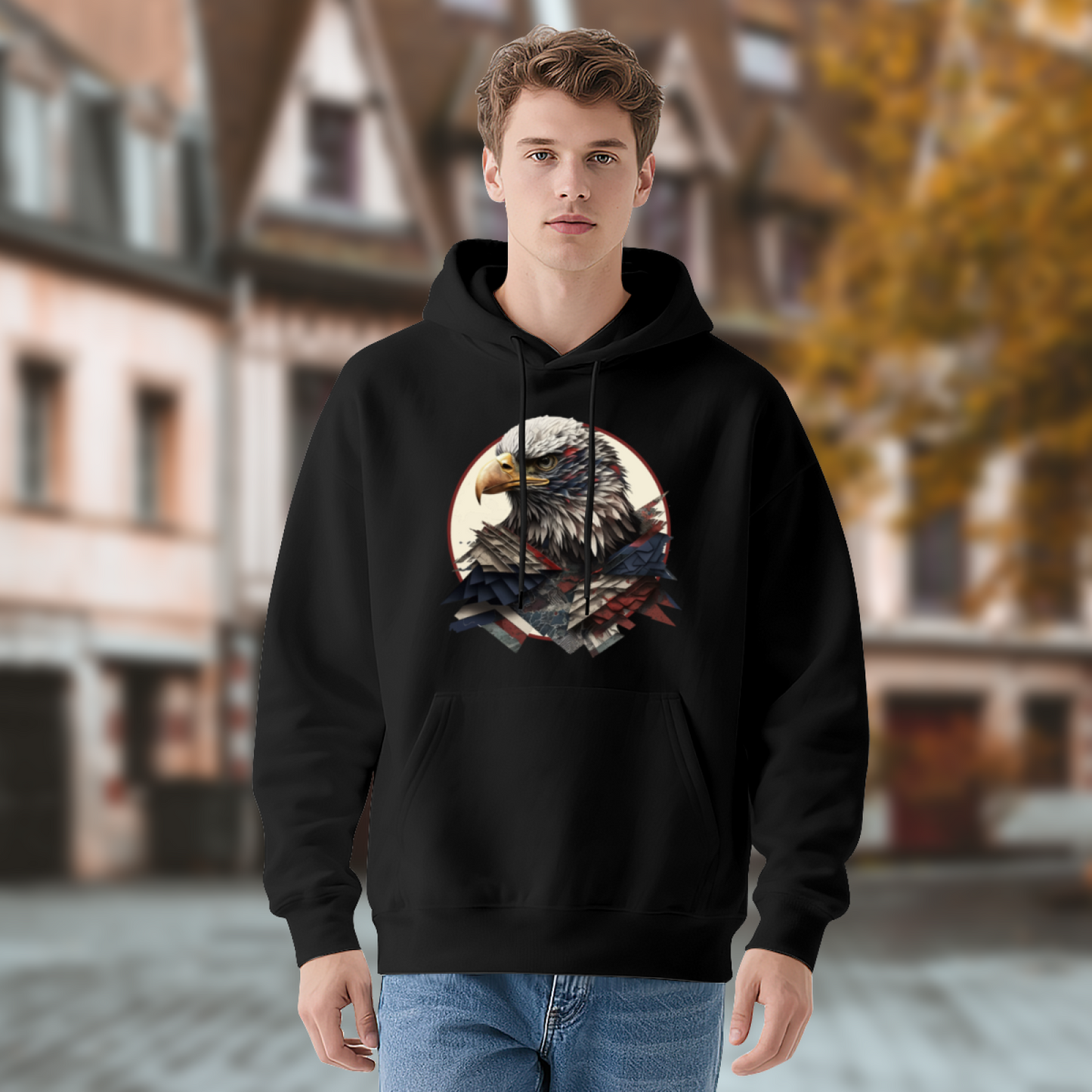 Bald Eagle American Flag Graphic Hoodie, Relaxed Comfort