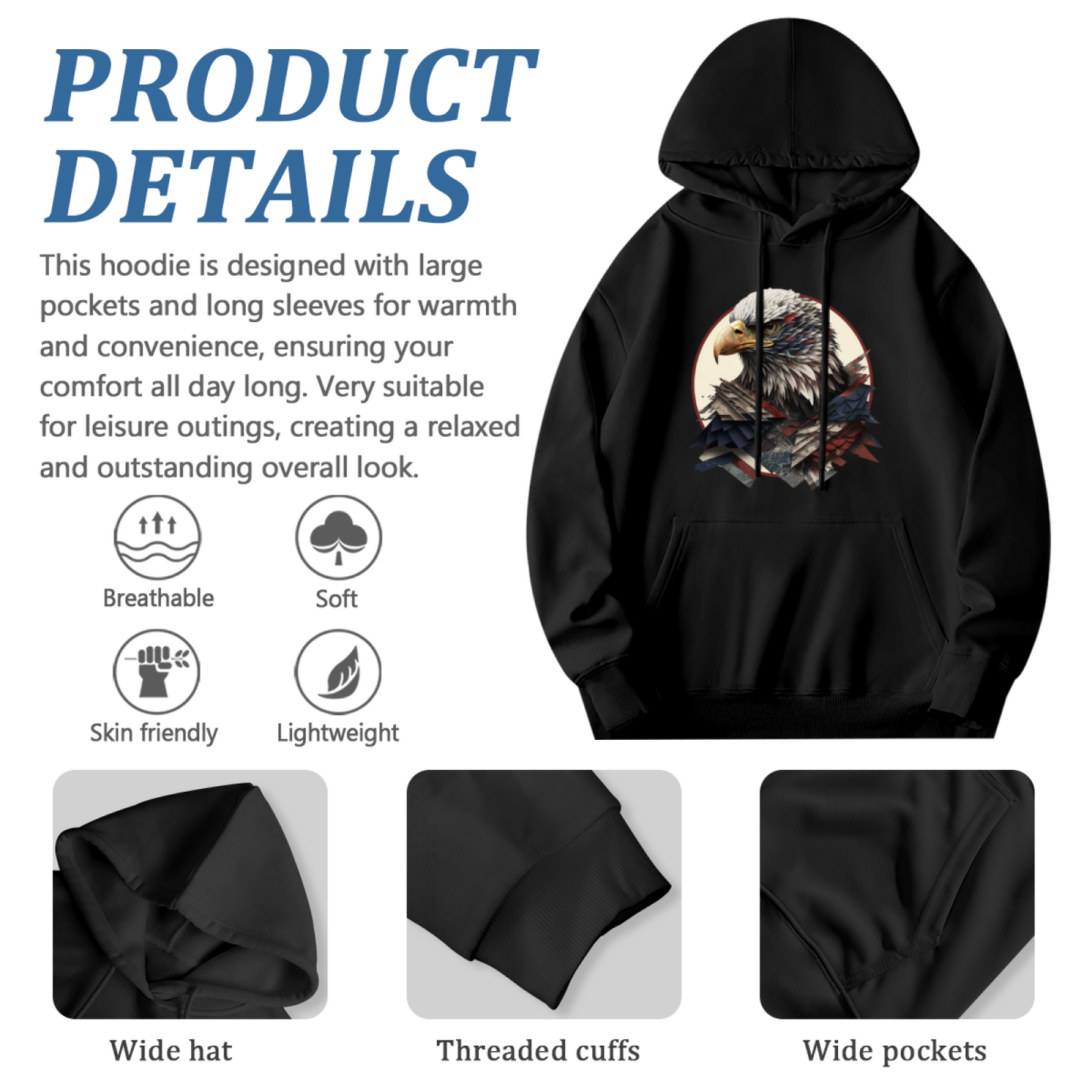 Bald Eagle American Flag Graphic Hoodie, Relaxed Comfort