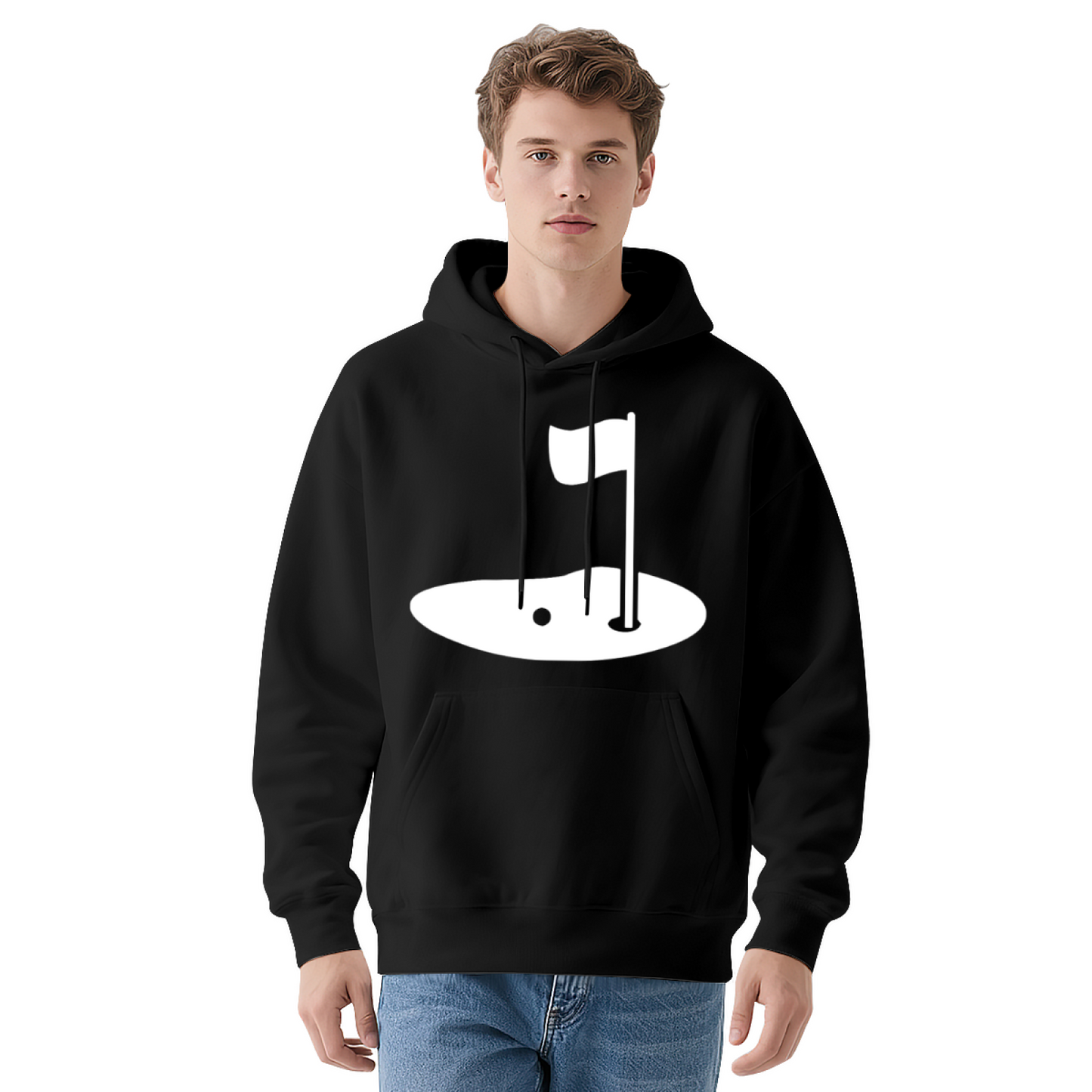 Minimal Golf Green Hole Black Hoodie, Sports Lover Relax Comfort Hooded Sweatshirt