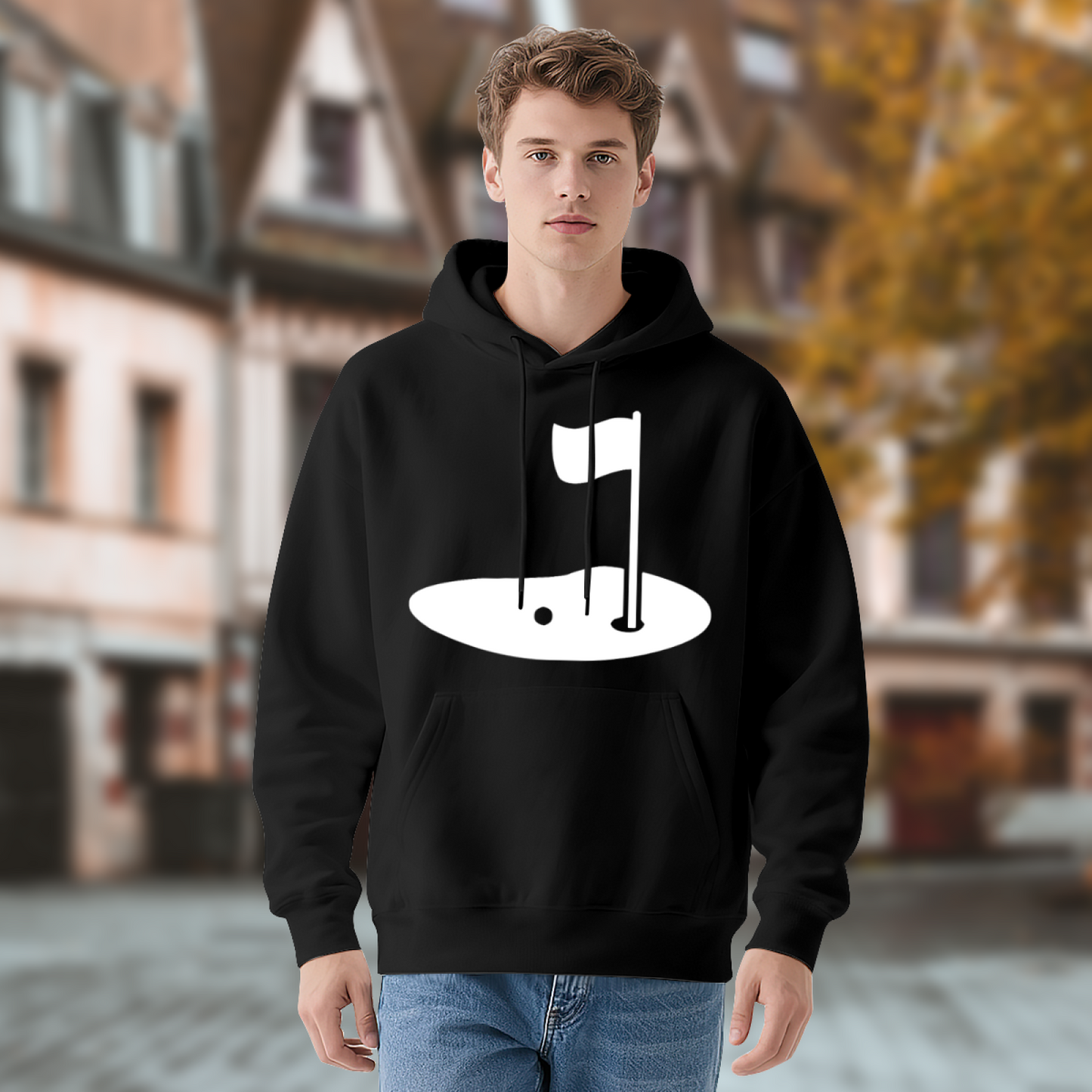 Minimal Golf Green Hole Black Hoodie, Sports Lover Relax Comfort Hooded Sweatshirt