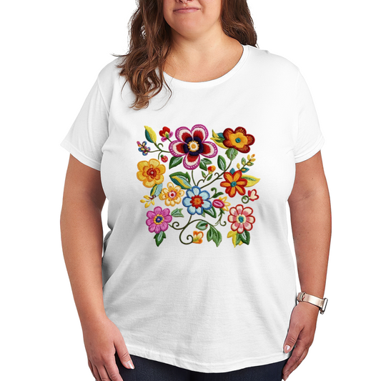 Vintage Folk Colorful Floral Embroidery Plus Size Women¡¯s T-Shirt