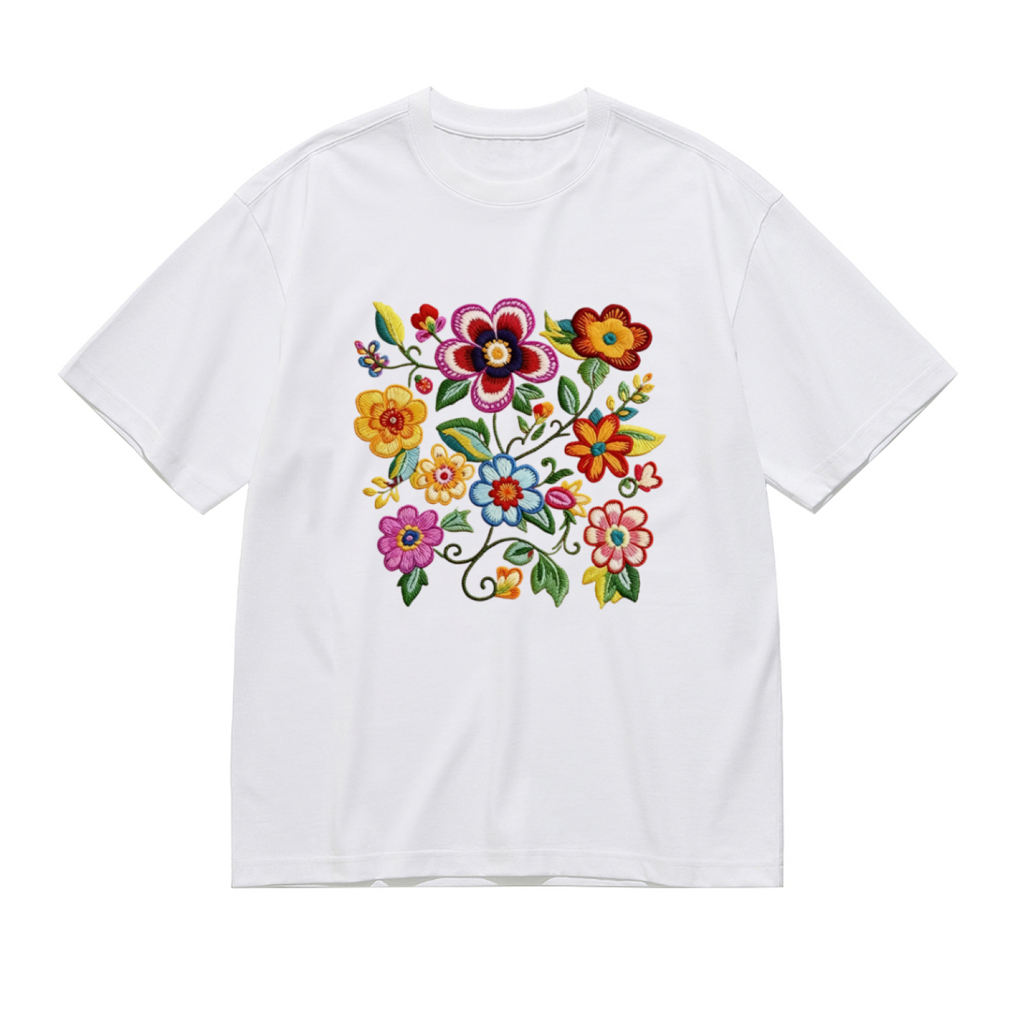 Vintage Folk Colorful Floral Embroidery Plus Size Women¡¯s T-Shirt