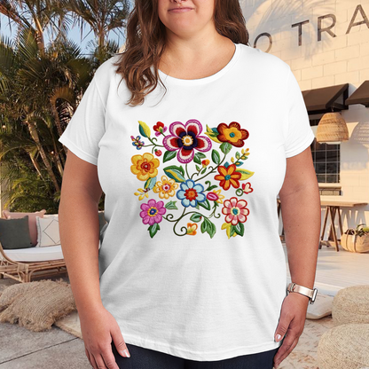 Vintage Folk Colorful Floral Embroidery Plus Size Women¡¯s T-Shirt