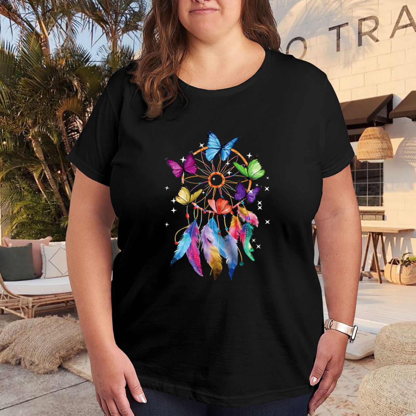 Rainbow Butterfly Dreamcatcher Boho Chic Plus Size Women Printed T-Shirt