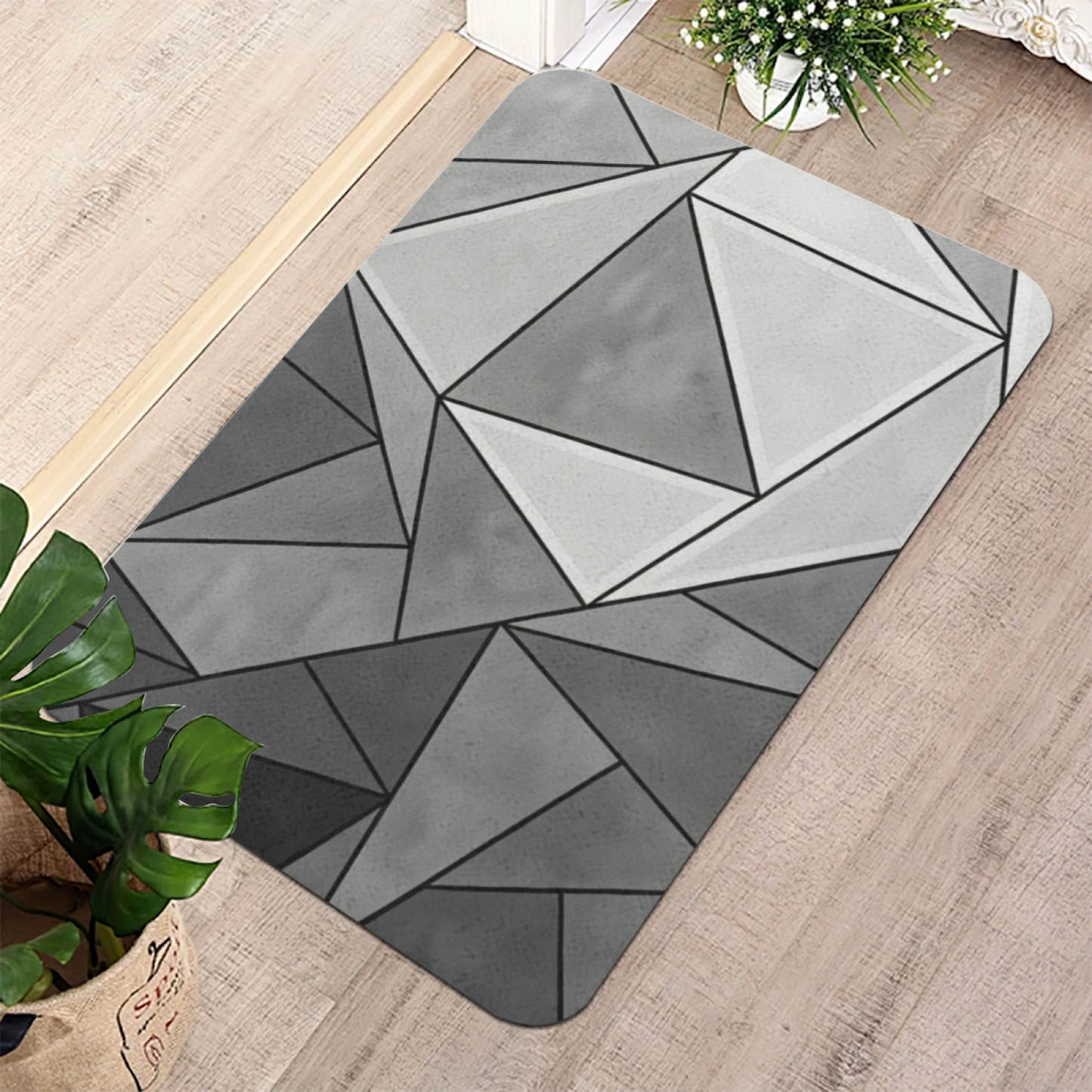 Grey Geometric Triangle Mosaic Diatom Mat | Modern Abstract Silicone Bathroom Rug