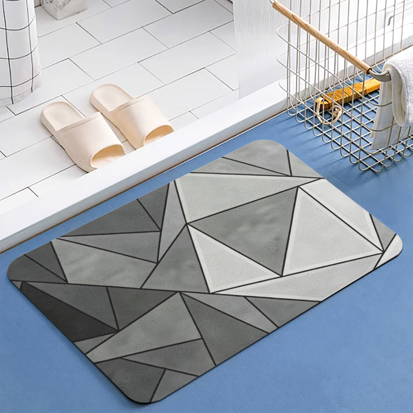 Grey Geometric Triangle Mosaic Diatom Mat | Modern Abstract Silicone Bathroom Rug