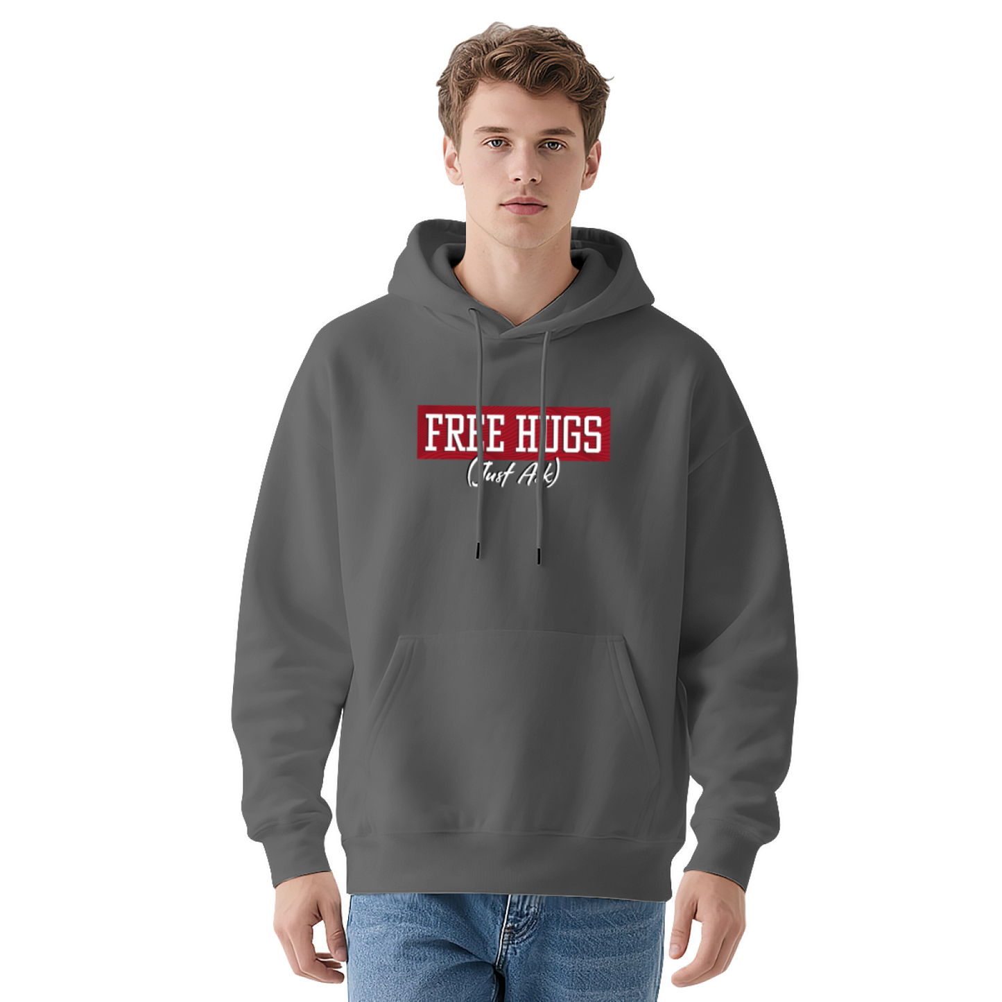Funny Free Hugs AK Gray Hoodie, Men Edgy Casual Plush Comfort Pullover