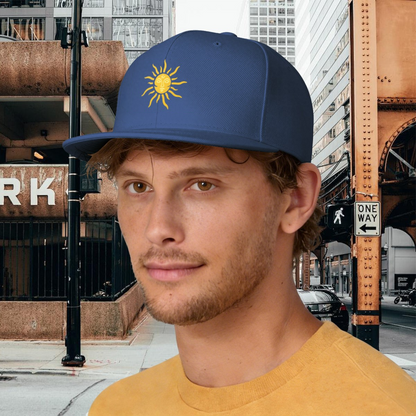 Retro Face Sun God Golden Print Blue Flat Visor Hat