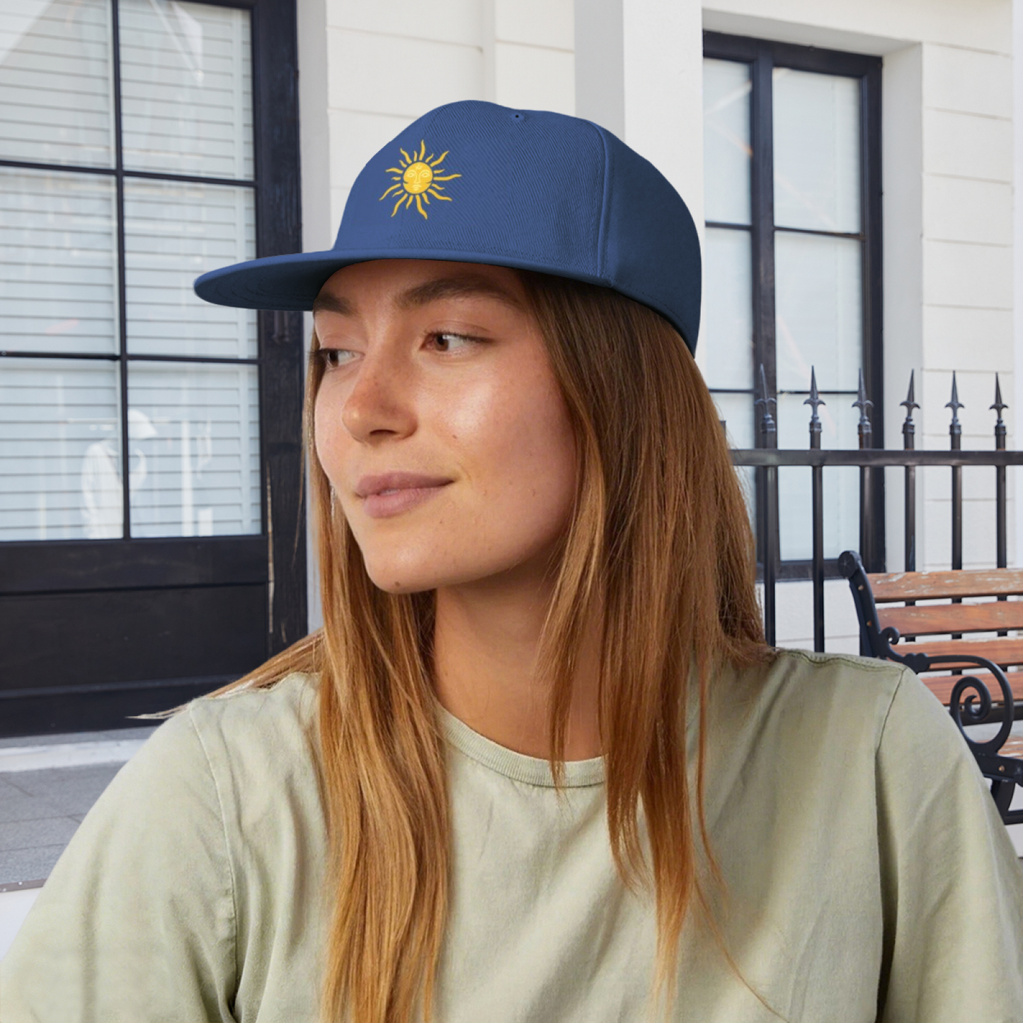 Retro Face Sun God Golden Print Blue Flat Visor Hat