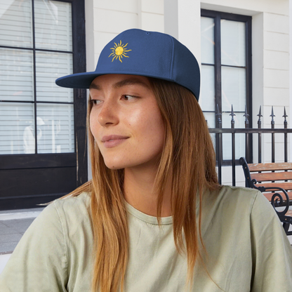 Retro Face Sun God Golden Print Blue Flat Visor Hat