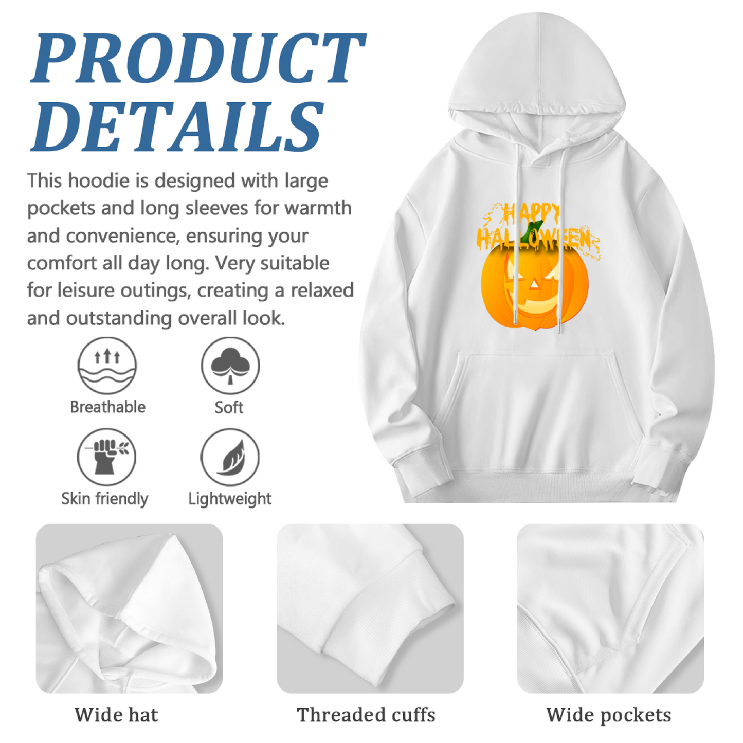 Happy Halloween Pumpkin Soft White Hoodie, Holiday Comfort Outfit