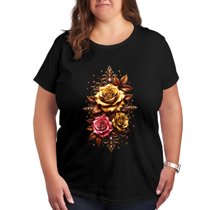 Luxury Golden Pink Vintage Rose Ornament Plus Size Women Graphic Tee