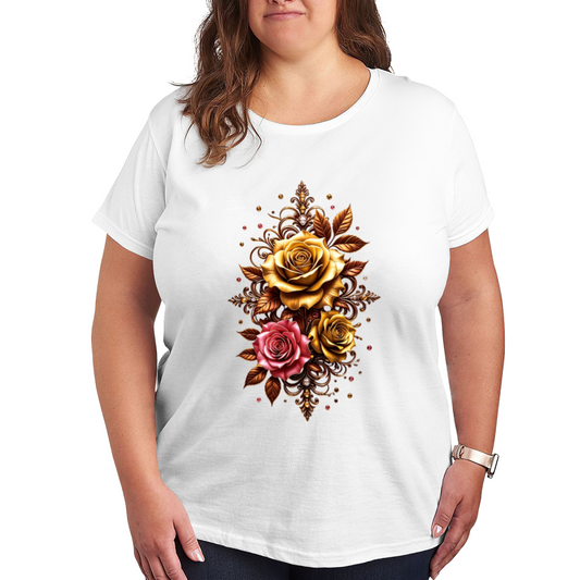 Luxury Golden Pink Vintage Rose Ornament Plus Size Women Graphic Tee