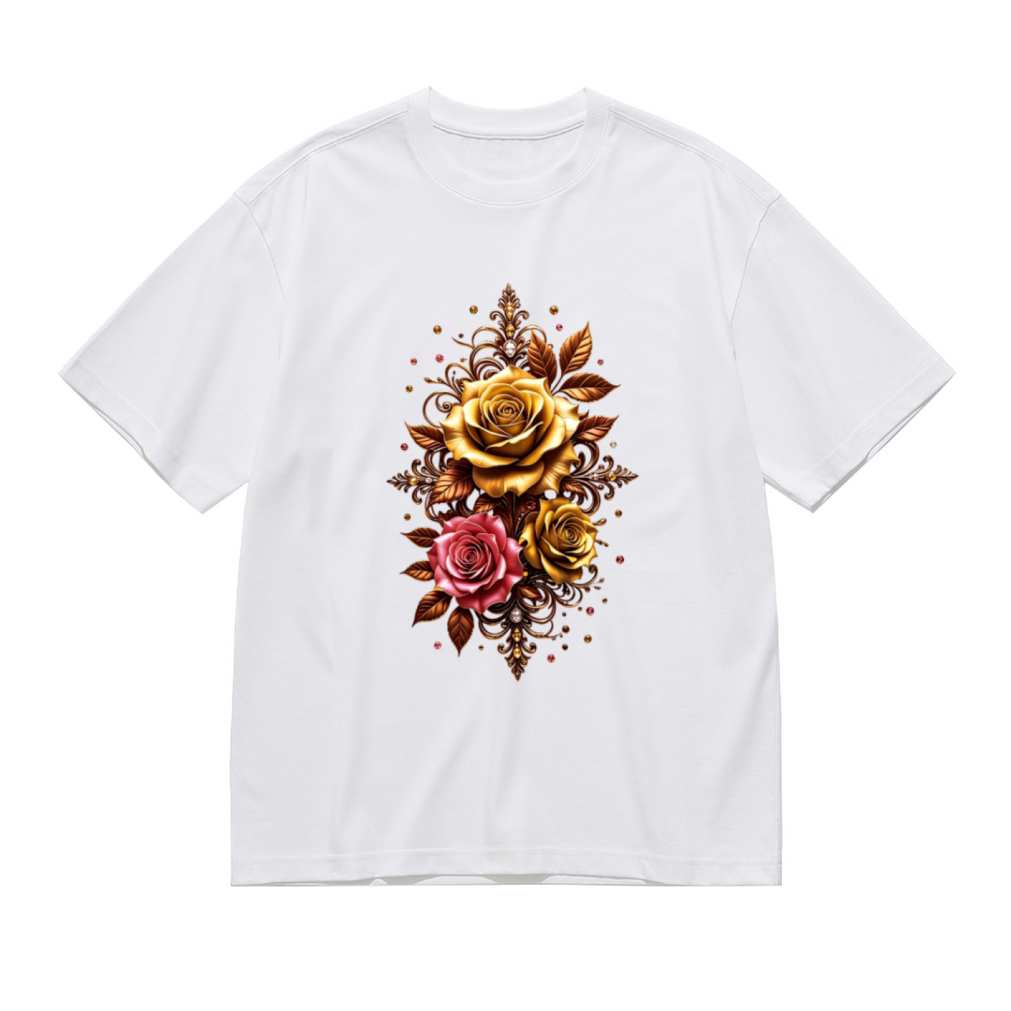 Luxury Golden Pink Vintage Rose Ornament Plus Size Women Graphic Tee