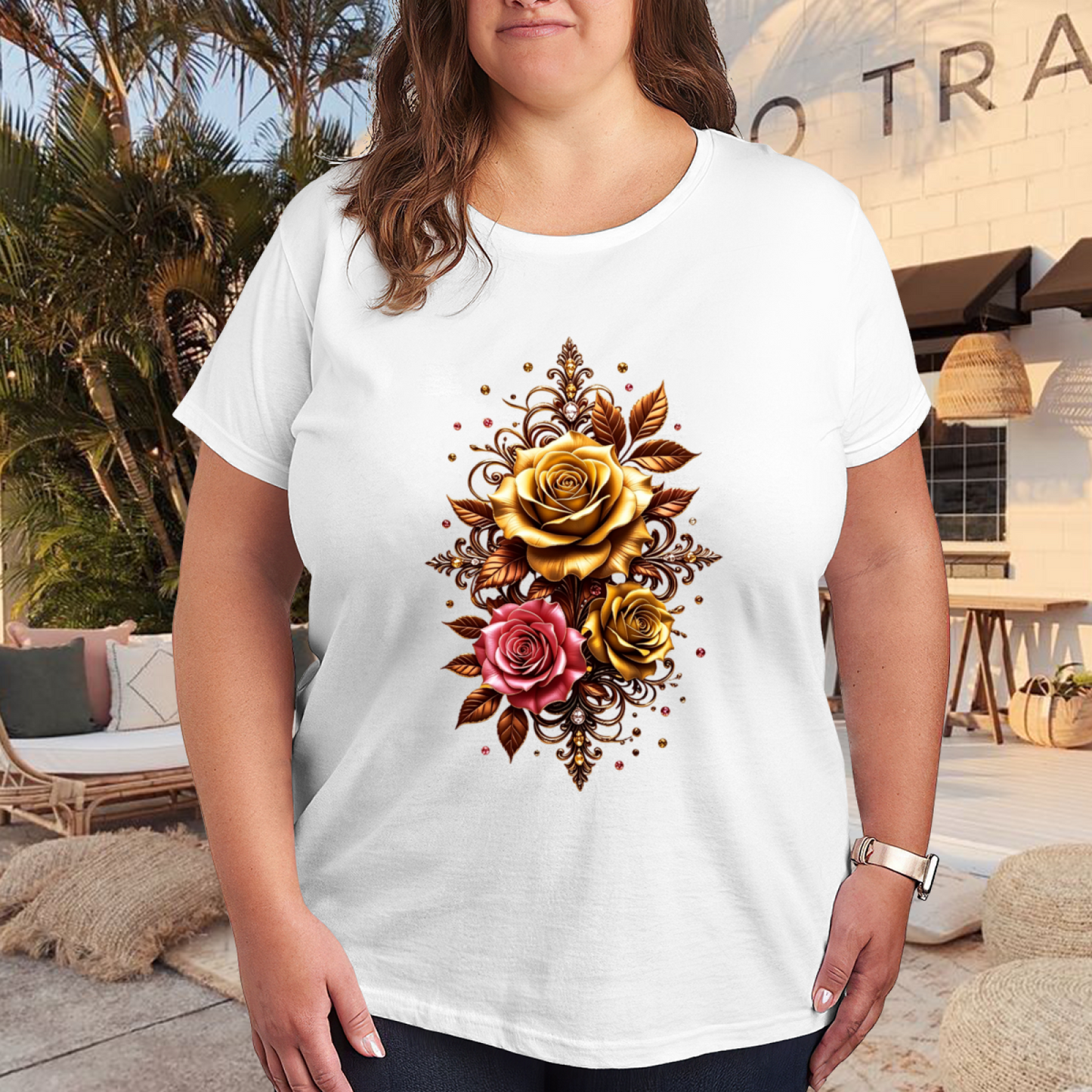 Luxury Golden Pink Vintage Rose Ornament Plus Size Women Graphic Tee