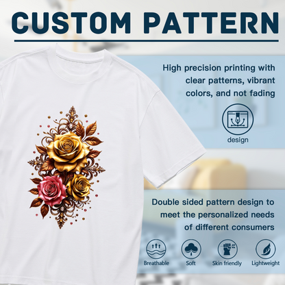 Luxury Golden Pink Vintage Rose Ornament Plus Size Women Graphic Tee