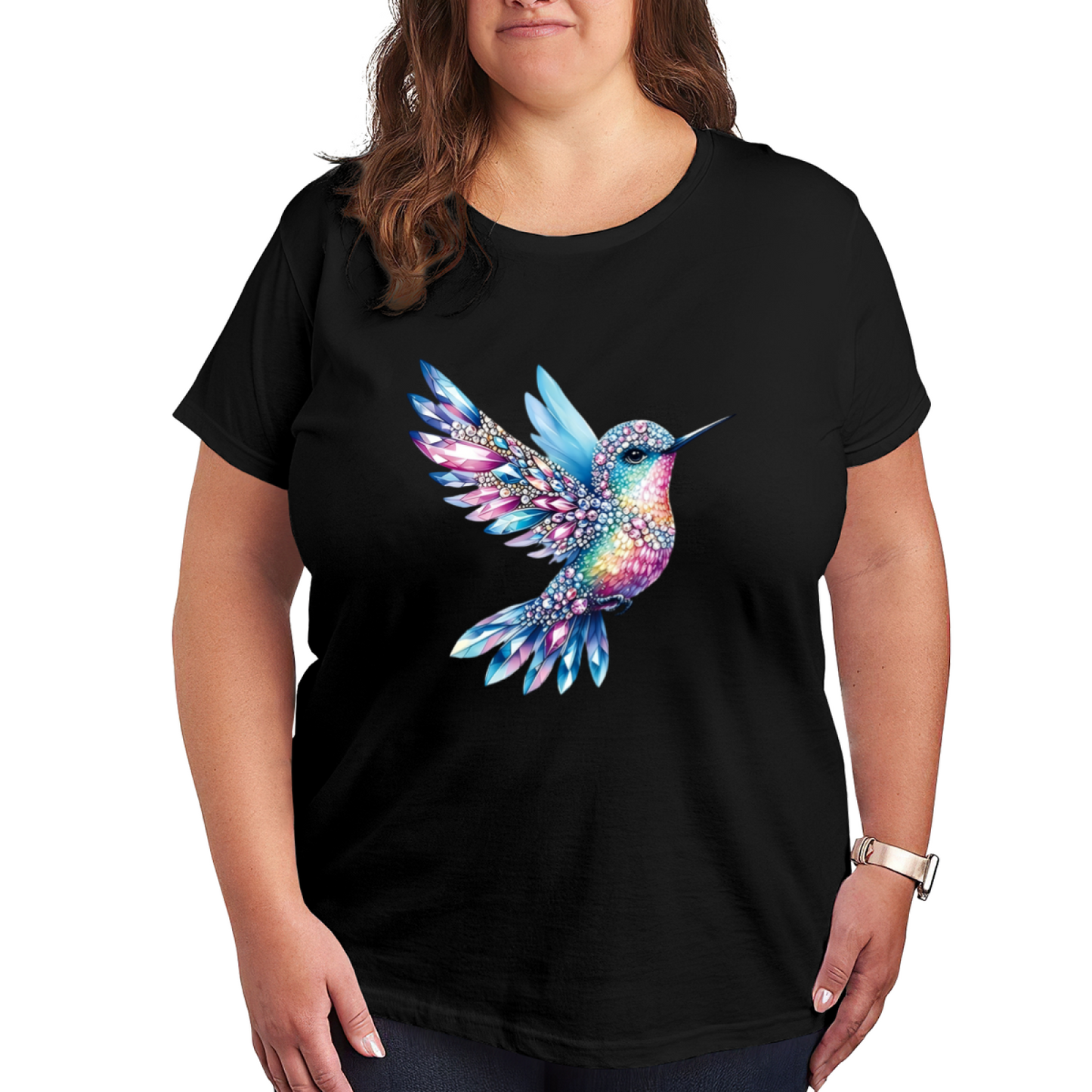 Rainbow Crystal Rhinestone Hummingbird Plus Size Ladies T-Shirt