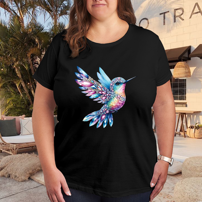 Rainbow Crystal Rhinestone Hummingbird Plus Size Ladies T-Shirt